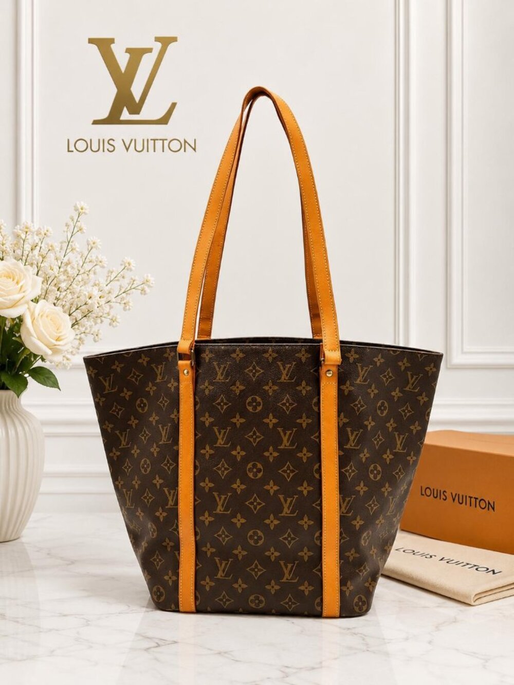 Authentic Louis Vuitton Sac Shopping Monogram Tote Bag Vintage Brown Leather